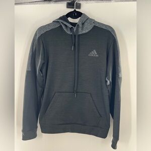 ADIDAS CLIMAWARM PULLOVER HOODIE THUMB HOLES SWEATSHIRT GRAY BLACK FLEECE LINING